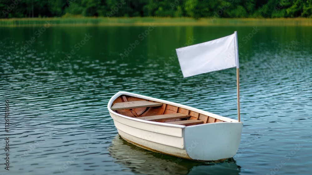 Obraz premium The White Flag Symbol of Peace and Hope Concept, Small White Flag Boat Floating Calmly on Serene Lake Surrounded by Lush Greenery and Reflections