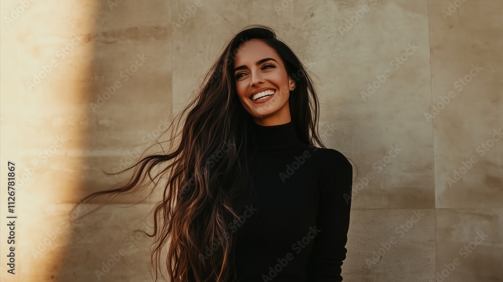 Woman with long hair is smiling