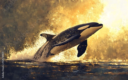 A killer whale leaps out of the water, its body illuminated by the golden light of the setting sun. photo