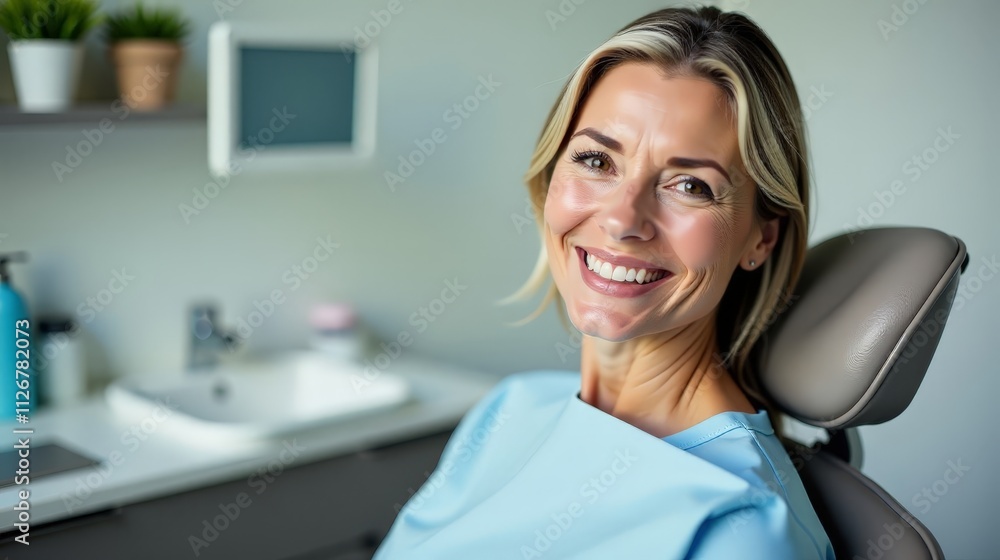 Satisfied Mature Woman Smiling at Dentist's Office, Happy Patient Experience Satisfied Mature Woman Smiling at Dentist's Office, Happy Patient Experience