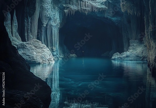 Cinematic photograph of an underground lake in the middle of a massive cave, with dark blue water and rocks, in a fantastical photo