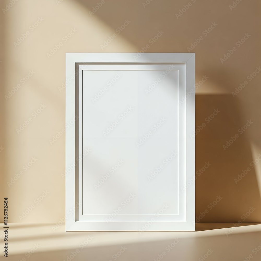 A blank white picture frame on a shelf with sunlight casting shadows on it. A blank white picture frame on a shelf with sunlight casting shadows on it.