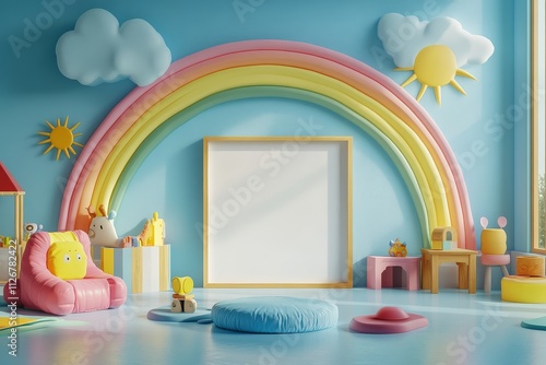 3D rendering of an empty white canvas mockup in a children's playroom, surrounded by colorful toys and wooden furniture, with a light blue wall featuring a rainbow, suns, and clouds in a minimalist st photo