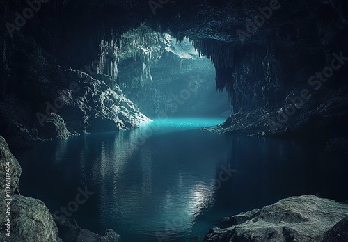 Cinematic photograph of an underground lake in the middle of a massive cave, with dark blue water and rocks, in a fantastical photo