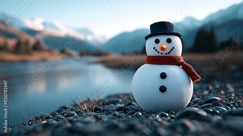 Artistic Close-Up of a Snowman's Face in a Scenic Winter Landscape with Mountains and a River in the Background Featuring Natural Elements