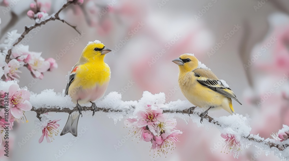 Obraz premium Colorful Birds on Snowy Blossoming Branches