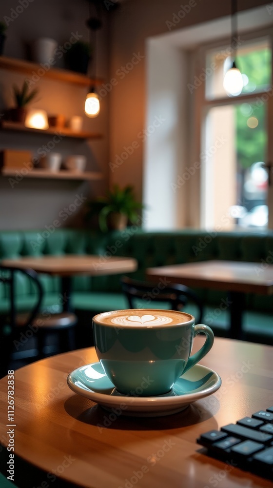 Cozy Coffee Shop Atmosphere with Heart-Shaped Latte Art in a Vibrant Setting Cozy Coffee Shop Atmosphere with Heart-Shaped Latte Art in a Vibrant Setting