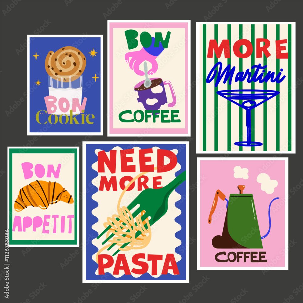 Fototapeta premium Abstract bright posters in cute retro style. Decor of wallpaper, walls and postcards. Vintage home decor food posters set. Pasta, Martini, coffee and croissant. Modern text