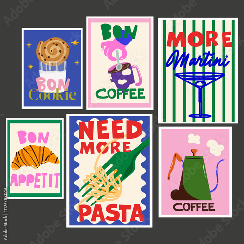 Abstract bright posters in cute retro style. Decor of wallpaper, walls and postcards. Vintage home decor food posters set. Pasta, Martini, coffee and croissant. Modern text