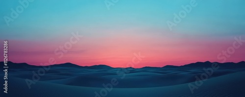 A serene landscape features a gradient sky transitioning from deep blue to soft pink, set against gentle, rolling sand dunes at dusk.