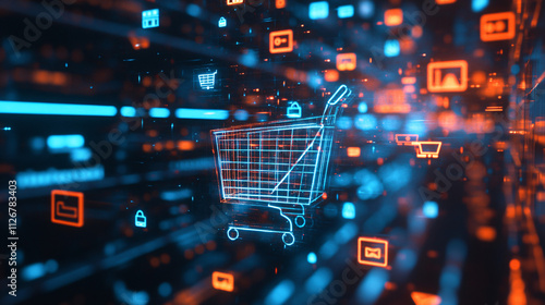 A glowing megastore icon with floating e-commerce icons and digital shopping carts, representing online retail, customer analytics, and sales trends.  photo