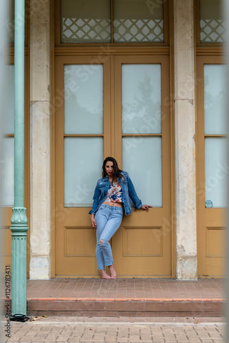 Effortless Elegance: A Brunette's Radiant Smile Illuminates the Vibrant City Streets