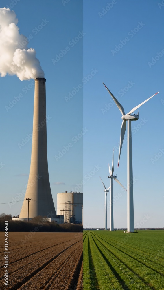 A side-by-side comparison of coal power plants versus wind farms symbolizing the shift towards renewable energy sources A side-by-side comparison of coal power plants versus wind farms symbolizing the shift towards renewable energy sources