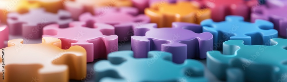 Obraz premium Artistic rendering of inclusive visuals forming learning pathways, symbolizing support and awareness for autism development This image depicts colorful puzzle pieces interconnected, representing the