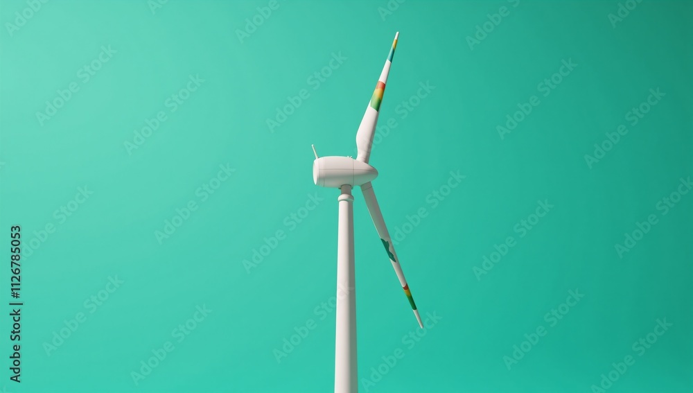 Modern wind turbine showcases a sustainable future with colorful blades and emitting green smoke in a vibrant teal backdrop Modern wind turbine showcases a sustainable future with colorful blades and emitting green smoke in a vibrant teal backdrop