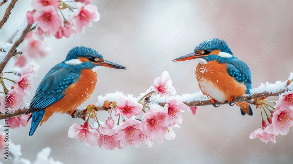 Fototapeta premium Kingfishers perched on cherry blossoms in winter