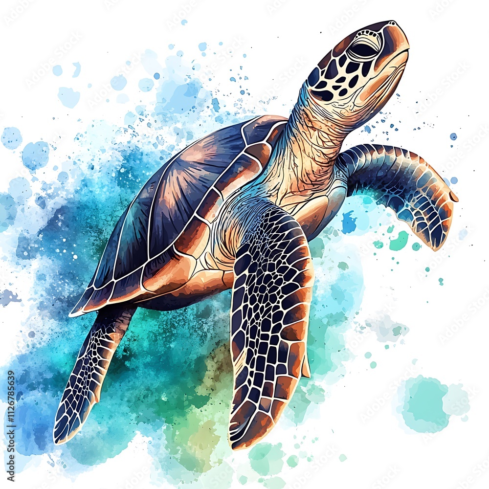 Obraz premium Watercolor painting of a sea turtle swimming in the ocean.