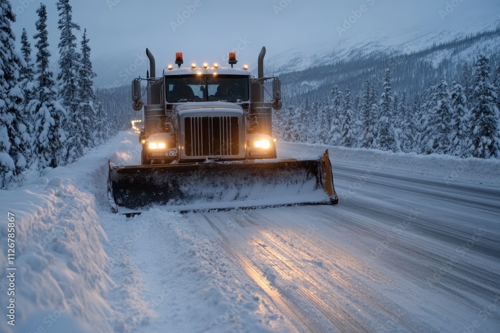 A powerful snow plow clears a snow-covered road in a beautiful winter landscape at dusk, showcasing the heavy snowfall and illuminated vehicle working diligently. A powerful snow plow clears a snow-covered road in a beautiful winter landscape at dusk, showcasing the heavy snowfall and illuminated vehicle working diligently.