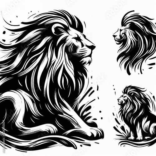 Stylized illustrations of a lion in various poses, showcasing strength and majesty in black and white photo