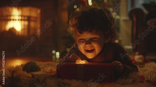 A child excitedly opening a Christmas gift on Christmas morning, their face lit with joy, while the fireplace crackles softly in the background photo