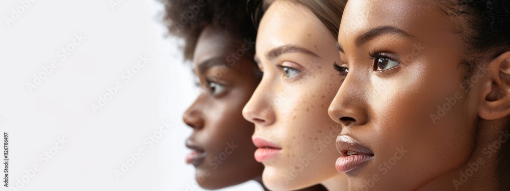 C augmented beauty concept banner with profile head close up of three women of different races and skin colors isolated on white background C augmented beauty concept banner with profile head close up of three women of different races and skin colors isolated on white background