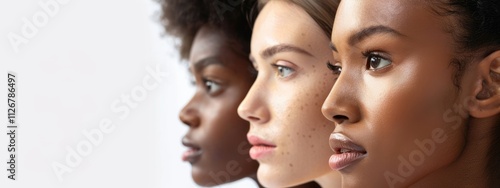 C augmented beauty concept banner with profile head close up of three women of different races and skin colors isolated on white background