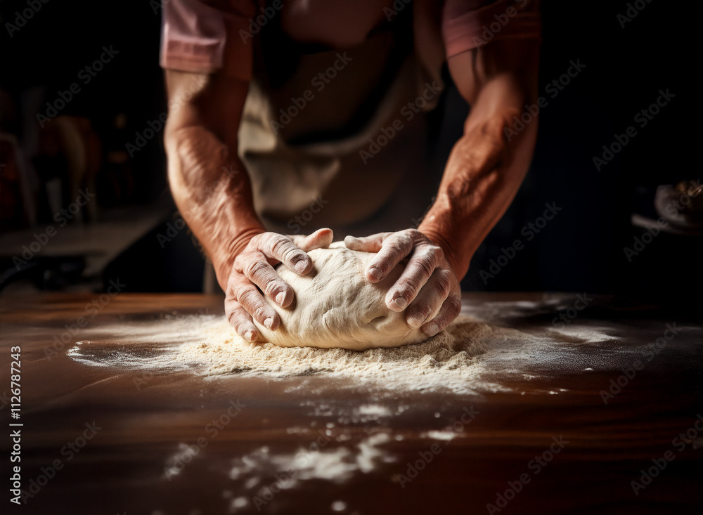 Close-up of strong hands kneading dough generously dusted with flour on a dark wooden surface. The scene is dimly lit, highlighting the texture of the dough and the baker's focused effort. Close-up of strong hands kneading dough generously dusted with flour on a dark wooden surface. The scene is dimly lit, highlighting the texture of the dough and the baker's focused effort.