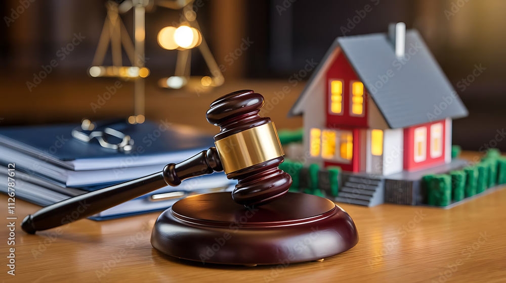 Judge auction and real estate concept Law hammer and house model Taxes and profit Judge auction and real estate concept Law hammer and house model Taxes and profit