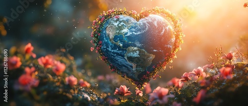 A heartshaped Earth floating in space with intertwining vines and flowers, symbolizing the harmony of love and environmental preservation photo