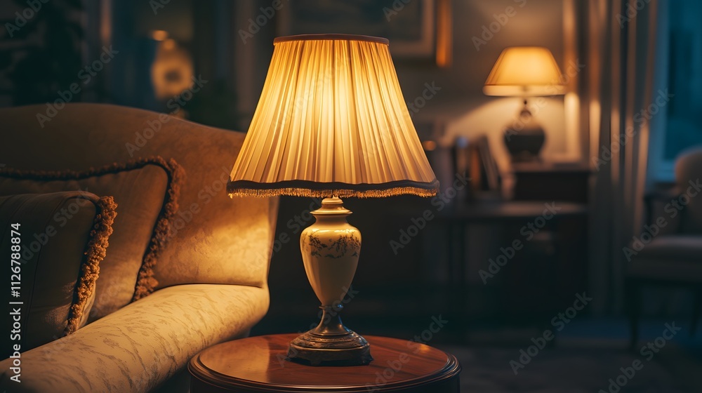 Illuminated Table Lamp In A Cozy Living Room Setting Illuminated Table Lamp In A Cozy Living Room Setting
