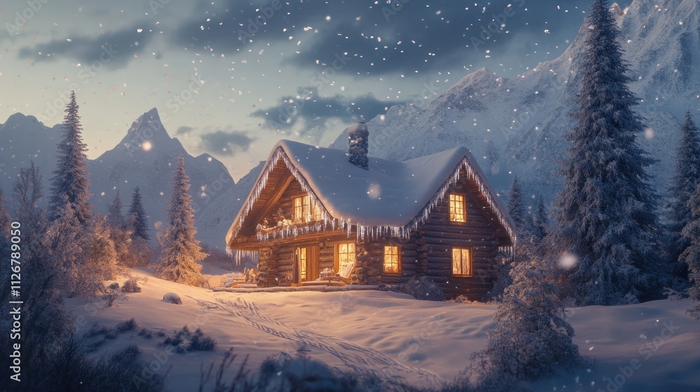 Cozy cabin nestled in snowy mountains at twilight, illuminated windows, falling snow. Cozy cabin nestled in snowy mountains at twilight, illuminated windows, falling snow.