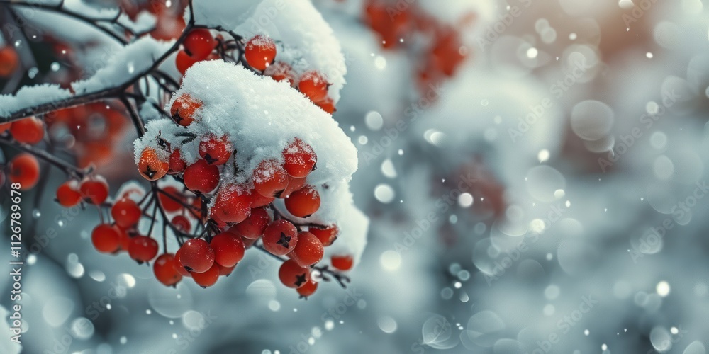 bunches of rowan berries under snow in the winter snowfall copy space bokeh light bunches of rowan berries under snow in the winter snowfall copy space bokeh light