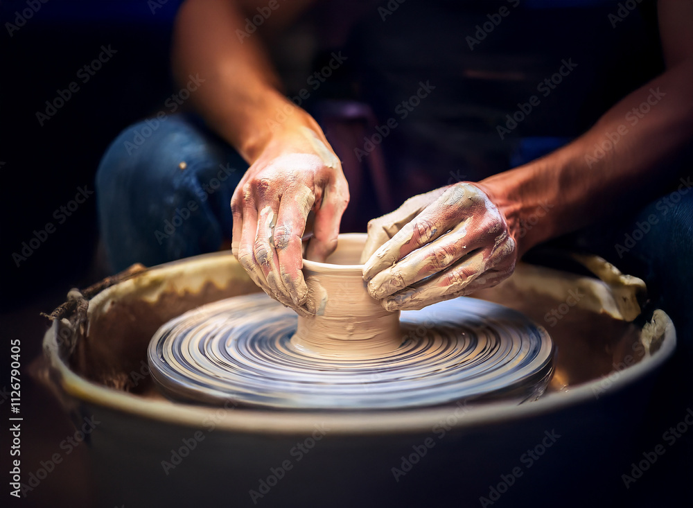 Close-up view of hands shaping clay on a pottery wheel. The artisan's skilled fingers carefully mold the wet, earthy material into a vessel. Light highlights the process. Close-up view of hands shaping clay on a pottery wheel. The artisan's skilled fingers carefully mold the wet, earthy material into a vessel. Light highlights the process.