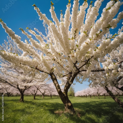 Bäume - Blühender Kirschbaum unter einem strahlend blauen Himmel photo