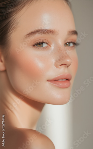 Close-up of a freckled beautiful woman with a light makeup in natural light