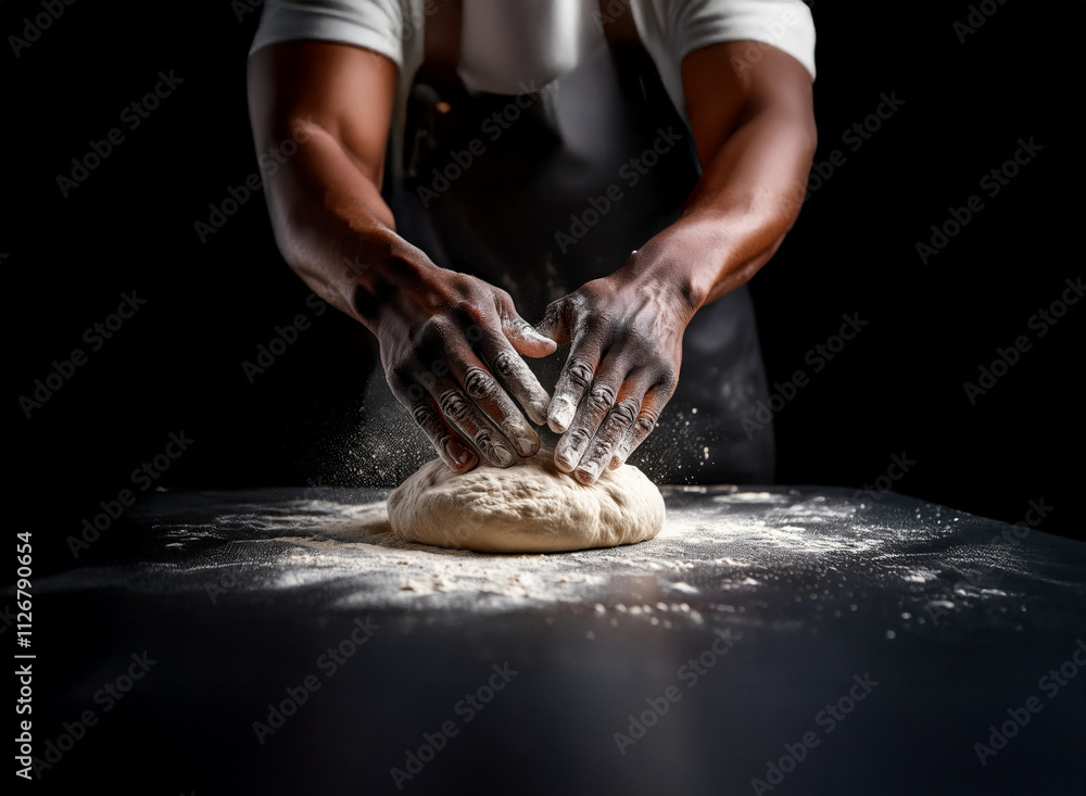 Close-up of hands kneading dough on a dark surface, flour dusting the air. The baker's strong arms and focused movements highlight the baking process. Close-up of hands kneading dough on a dark surface, flour dusting the air. The baker's strong arms and focused movements highlight the baking process.