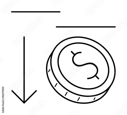 Downward pointing arrow beside a coin featuring a dollar sign, illustrating economic decline. Ideal for financial reports, investment analysis, economic trends, recession discussions, business