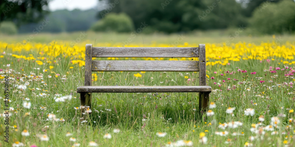 The handmade woodwork. A rustic bench in a vibrant wildflower field under soft sunlight.