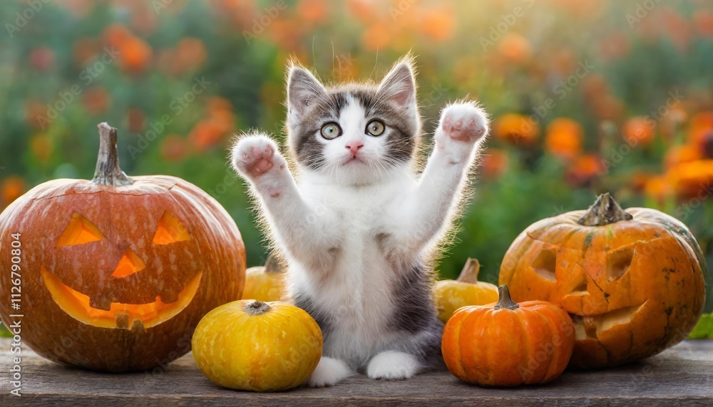 Adorable Funny Kitten Raising Its Paws Surrounded by Cute JackoLantern Pumpkins for a Whimsical Halloween Celebration in a Charming Autumn Setting Adorable Funny Kitten Raising Its Paws Surrounded by Cute JackoLantern Pumpkins for a Whimsical Halloween Celebration in a Charming Autumn Setting