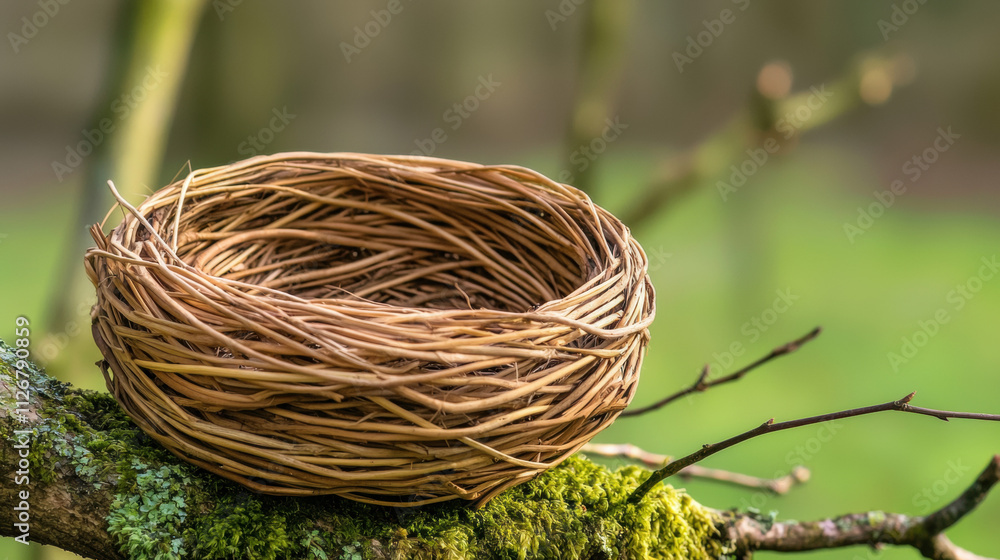 Handcrafted wooden bird nest concept. A natural, woven bird's nest resting on a mossy branch, showcasing intricate craftsmanship with soft, earthy tones against a blurred green background.