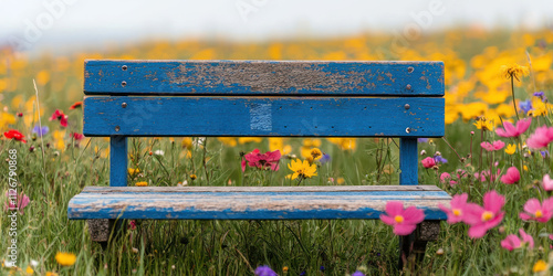 The handmade woodwork. A weathered blue bench amidst colorful wildflowers.
