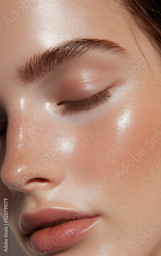 Close-up of a freckled woman with glowing skin and closed eyes