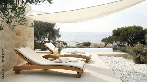 Minimalist Mediterranean terrace with teakwood sun loungers, white cushions, ocean view, smooth white stone floor, pebbled edges, and sail canopy for a tranquil, luxurious atmosphere. photo