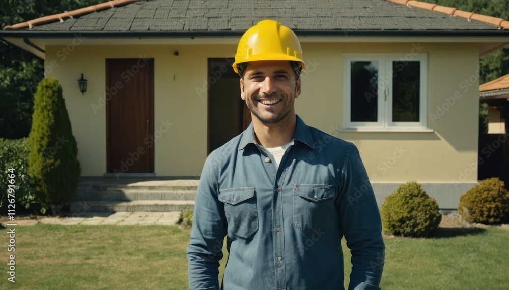 Man in yellow helmet standing in front of the house. He's wearing uniform and he's construction worker Man in yellow helmet standing in front of the house. He's wearing uniform and he's construction worker