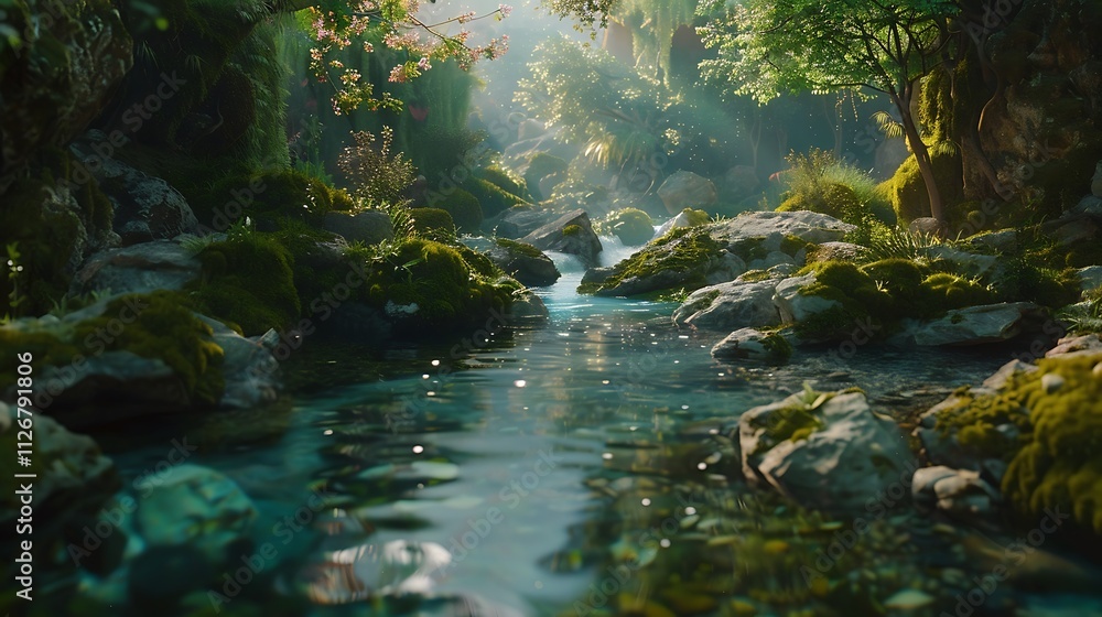 A peaceful forest stream winding through mossy rocks, with crystal-clear water and vibrant foliage, shot in A peaceful forest stream winding through mossy rocks, with crystal-clear water and vibrant foliage, shot in