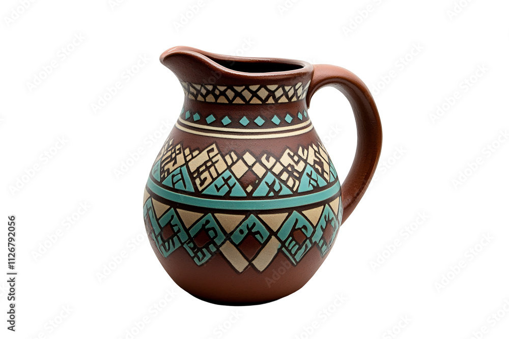 a brown pitcher with a blue and white design a brown pitcher with a blue and white design