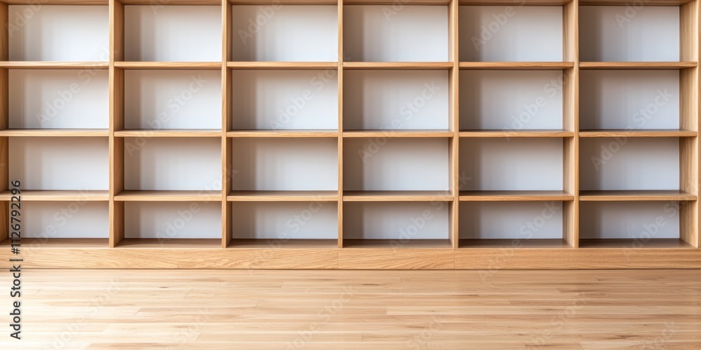 The handmade woodwork. Empty wooden shelves against a simple wall backdrop.