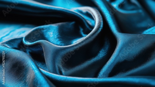 Close-up of teal silk fabric with elegant folds and soft light. photo