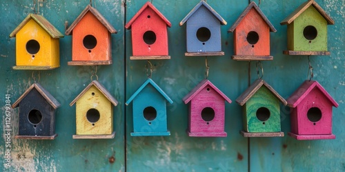 The handmade woodwork. Colorful birdhouses arranged on a rustic wooden background.