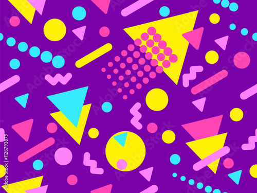 Geometric seamless pattern with memphis elements in 80s style. Colorful geometric pattern. Design of promotional products, wrapping paper and printing. Vector illustration